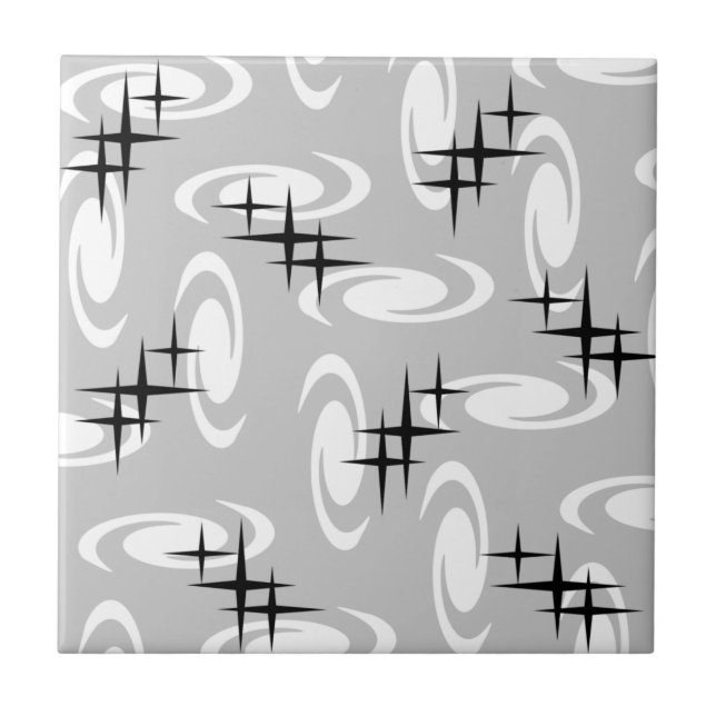 Retro Atomic Age Swirls Stars Pattern Light Gray Ceramic Tile (Front)