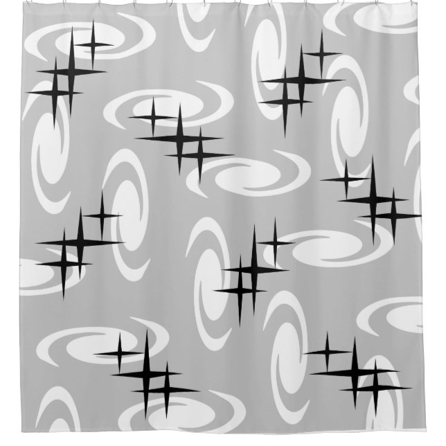 Retro Atomic Age Swirls Stars Pattern Light Gray Shower Curtain (Front)
