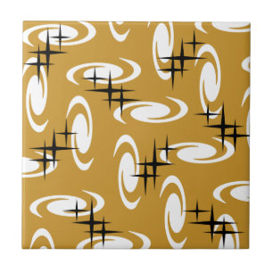 Retro Atomic Age Swirls Stars Pattern Ochre Ceramic Tile