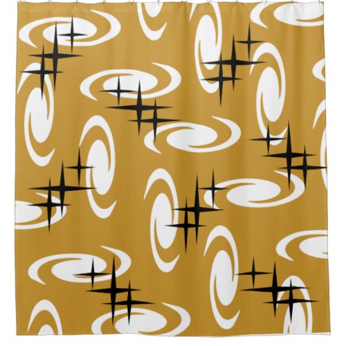 Retro Atomic Age Swirls Stars Pattern Ochre Shower Curtain