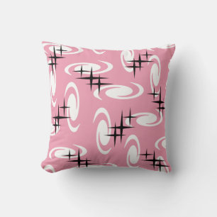 Retro Atomic Age Swirls Stars Pattern Pink Throw Pillow