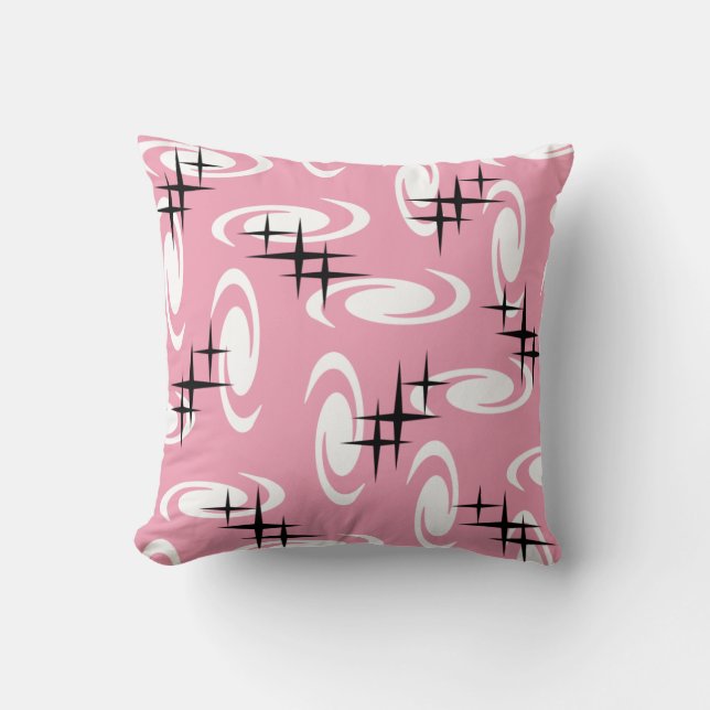 Retro Atomic Age Swirls Stars Pattern Pink Throw Pillow (Front)