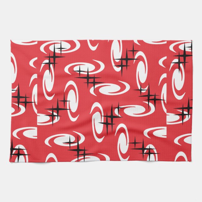 Retro Atomic Age Swirls Stars Pattern Red Kitchen Towel (Horizontal)