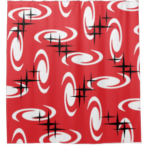 Retro Atomic Age Swirls Stars Pattern Red Shower Curtain