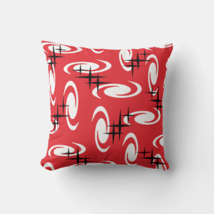 Retro Atomic Age Swirls Stars Pattern Red Throw Pillow