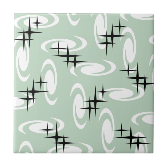 Retro Atomic Age Swirls Stars Pattern Sage Green Ceramic Tile (Front)