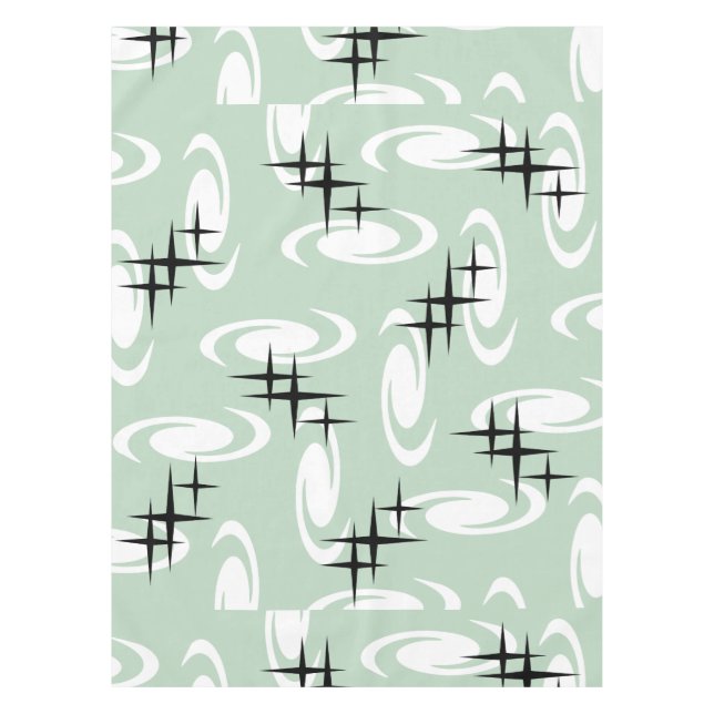 Retro Atomic Age Swirls Stars Pattern Sage Green Tablecloth (Front)