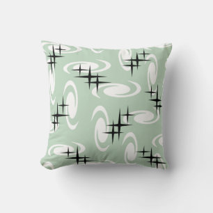 Retro Atomic Age Swirls Stars Pattern Sage Green Throw Pillow