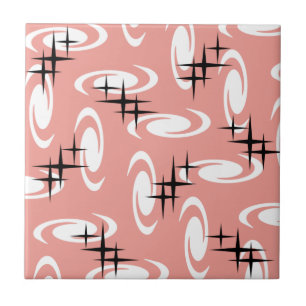 Retro Atomic Age Swirls Stars Pattern Salmon Pink Ceramic Tile