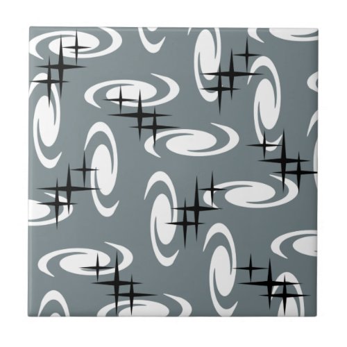 Retro Atomic Age Swirls Stars Pattern Slate Gray Ceramic Tile