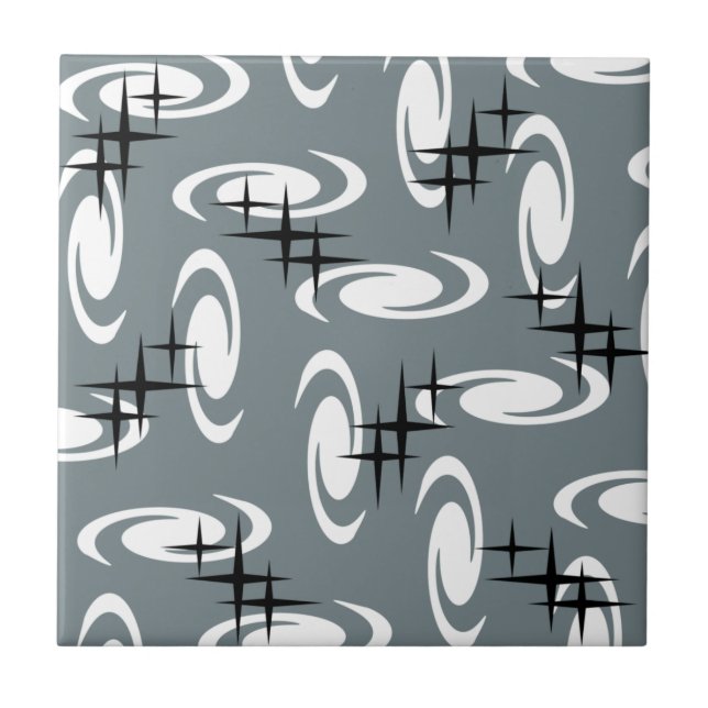Retro Atomic Age Swirls Stars Pattern Slate Gray Ceramic Tile (Front)