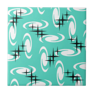 Retro Atomic Age Swirls Stars Pattern Turquoise Ceramic Tile