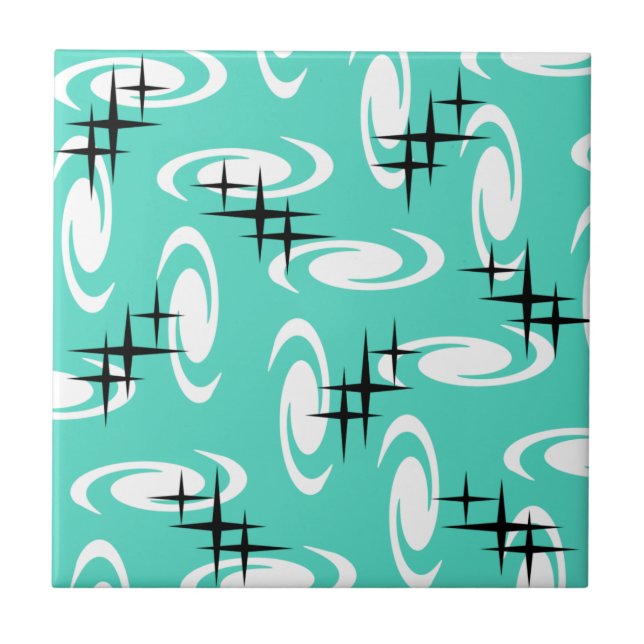Retro Atomic Age Swirls Stars Pattern Turquoise Ceramic Tile (Front)