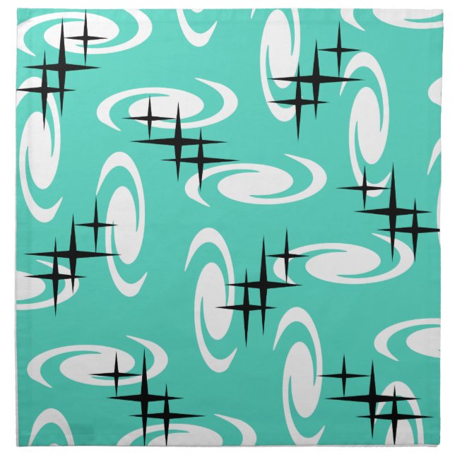 Retro Atomic Age Swirls Stars Pattern Turquoise Cloth Napkin (Front)