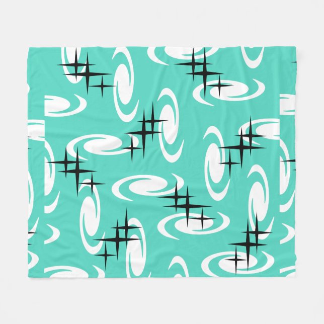 Retro Atomic Age Swirls Stars Pattern Turquoise Fleece Blanket (Front (Horizontal))
