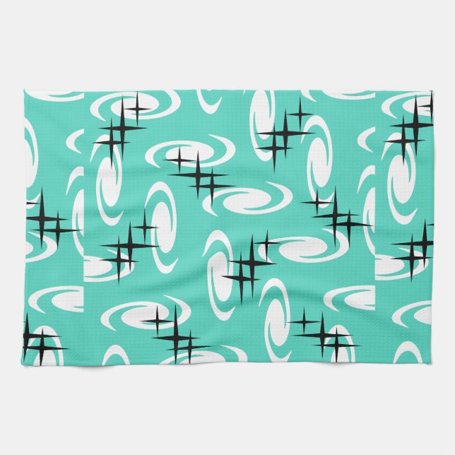 Retro Atomic Age Swirls Stars Pattern Turquoise Kitchen Towel (Horizontal)