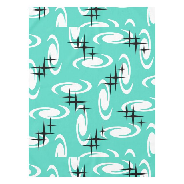 Retro Atomic Age Swirls Stars Pattern Turquoise Tablecloth (Front)