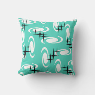 Retro Atomic Age Swirls Stars Pattern Turquoise Throw Pillow