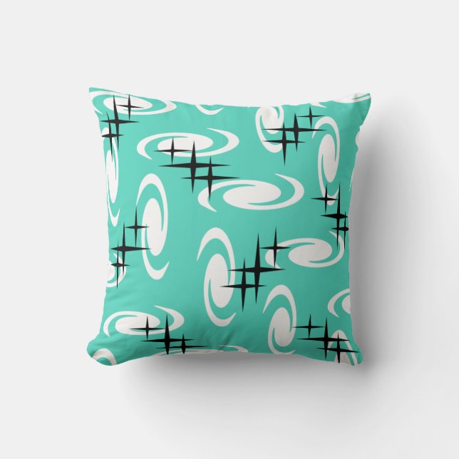 Retro Atomic Age Swirls Stars Pattern Turquoise Throw Pillow (Front)