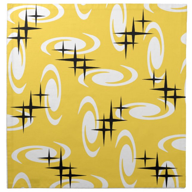 Retro Atomic Age Swirls Stars Pattern Yellow Cloth Napkin (Front)