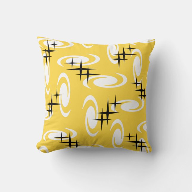 Retro Atomic Age Swirls Stars Pattern Yellow Throw Pillow (Front)