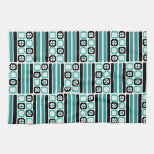 Retro Atomic Art Squares Lines Turquoise Kitchen Towel