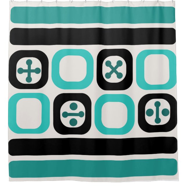 Retro Atomic Art Squares Lines Turquoise Shower Curtain (Front)