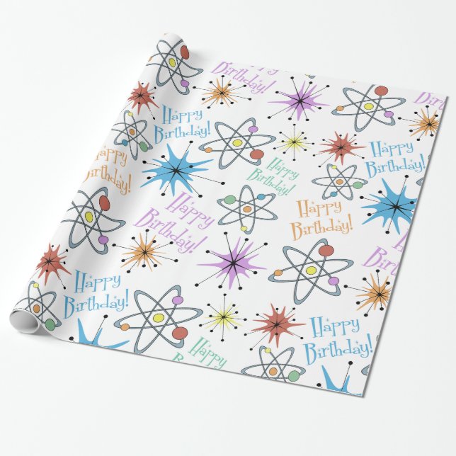 Retro Atomic Birthday Wrapping Paper (Unrolled)