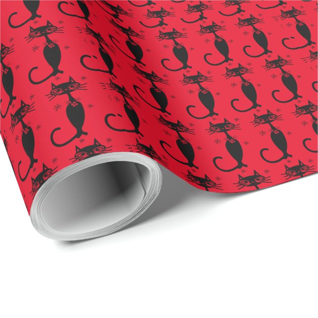 RETRO ATOMIC BLACK CAT CHRISTMAS WRAPPING PAPER (Roll Corner)