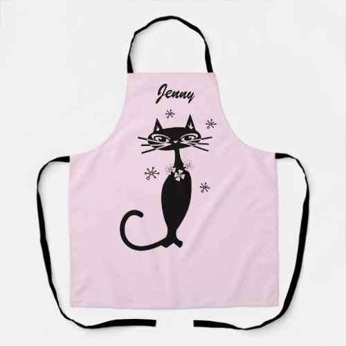 Retro Atomic Black Cat Personalized Kitchen Apron