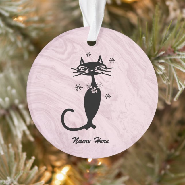 Retro Atomic Black Cat Personalized Ornament (Tree)