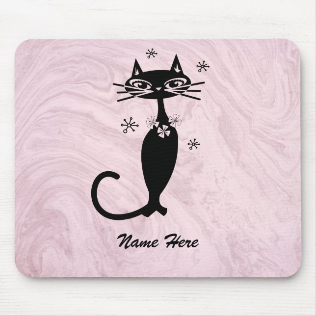 Retro Atomic Black Cat Personalized Pink Mouse Pad (Front)