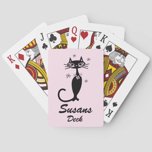 Retro Atomic Black Cat Personalized Playing Cards (Back)