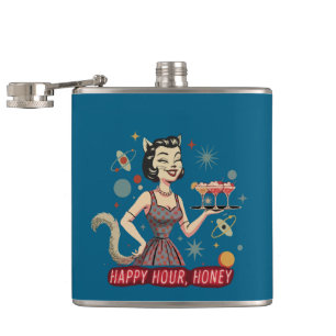 Retro Atomic Cat Pin-Up "Happy Hour, Honey" Mid- Flask