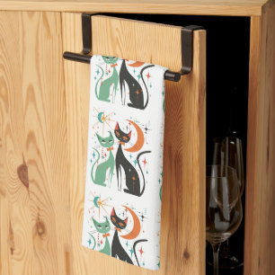 Retro Atomic Cats Black Turquoise Kitchen Towel