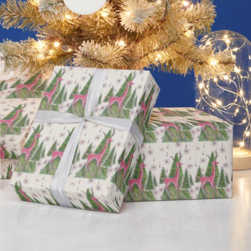 Retro Atomic Christmas Pink Deer Pine Trees Wrapping Paper