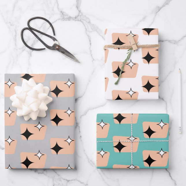 Retro Atomic Diamonds Pattern Trio Wrapping Paper Sheets (Front)