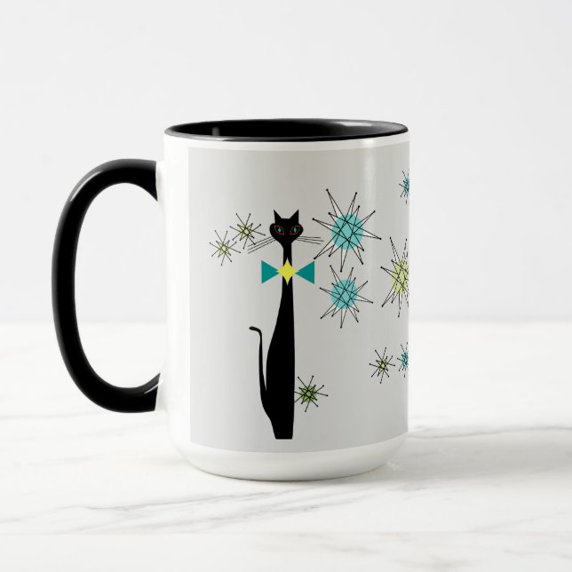 Retro Atomic Era Cool Cat & Stars Gray Mid Century Mug (Left)