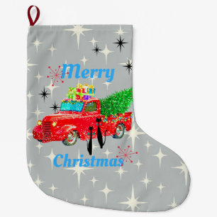 Retro Atomic Era Cool Cats & Red Pickup Truck Large Christmas Stocking