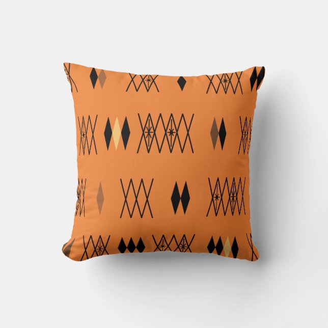 Retro Atomic Era Diamonds Pattern Orange Throw Pillow (Front)