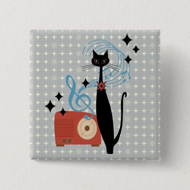 Retro Atomic Era Mid Century Modern Cat & Radio   Button (Front)