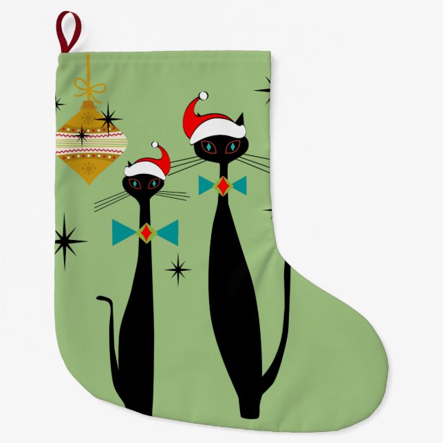 Retro Atomic Era Mid Century Modern Christmas Cats Large Christmas Stocking (Front)