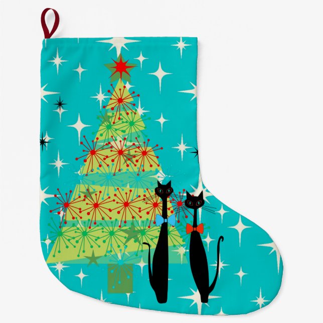 Retro Atomic Era Mid Century Modern Christmas Cats Large Christmas Stocking (Front)