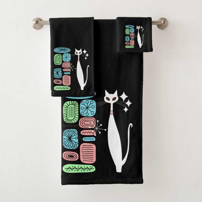 Retro Atomic Era Mid Century Modern Cool Cat Bath Towel Set (Insitu)