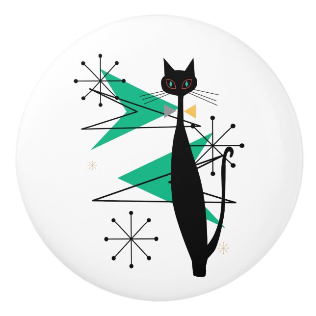 Retro Atomic Era Mid Century Modern Cool Cat Ceramic Knob (Front)