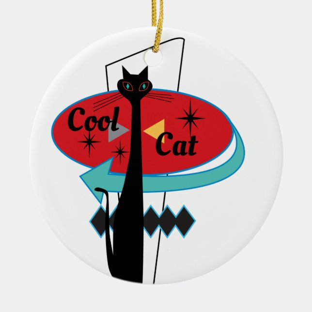 Retro Atomic Era Mid Century Modern Cool Cat Ceramic Ornament (Front)