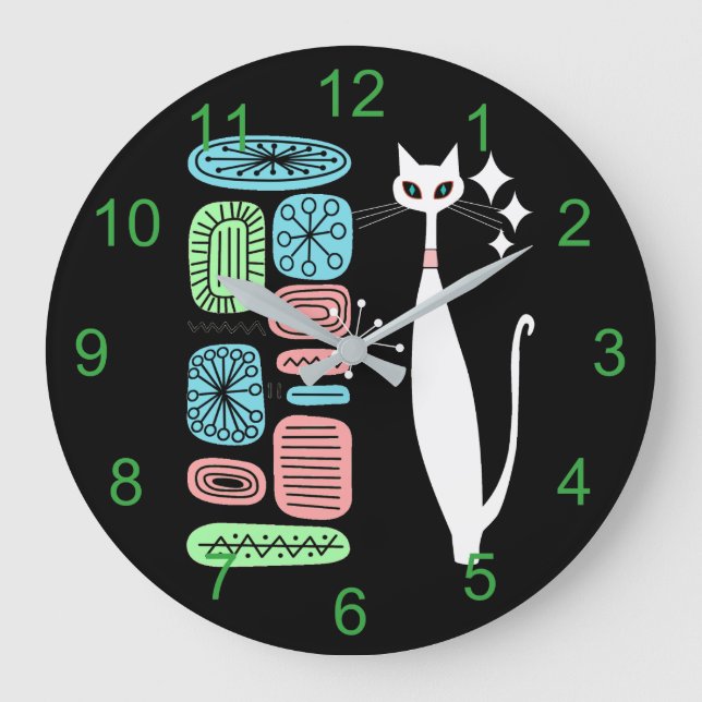 Retro Atomic Era Mid Century Modern Cool Cat Large Clock (Front)