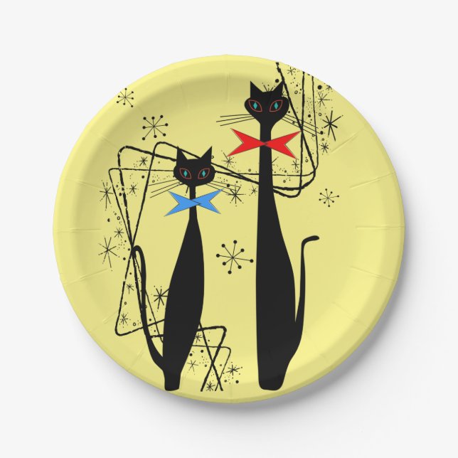 Retro Atomic Era Mid Century Modern Cool Cat Pair Paper Plates (Front)