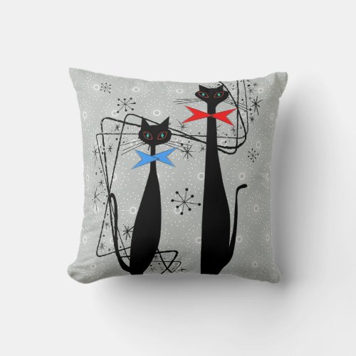 Retro Atomic Era Mid Century Modern Cool Cat Pair Throw Pillow