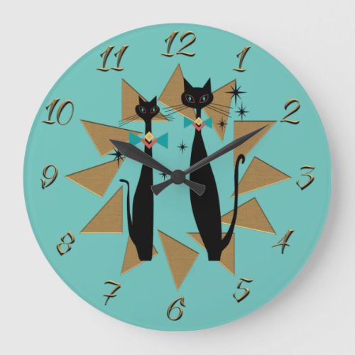 Retro Atomic Era Mid Century Modern Cool Cats Large Clock